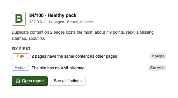 Raptor's site health panel for the Kestrel Bay fixture: B, 84/100, with its two top fixes.